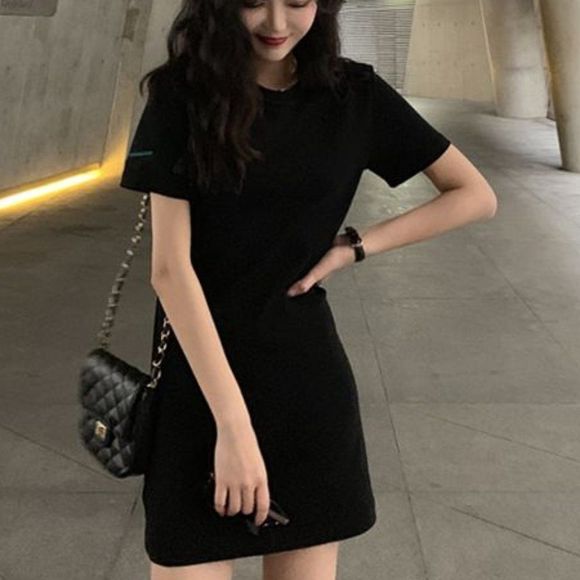 Black  Plain Short-Sleeve T-Shirt Dress - Picture 2 of 6